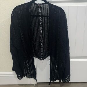 Free People Black Long Sleeve Shirt Blouse Shrug Shawl Bolero Black Lace S